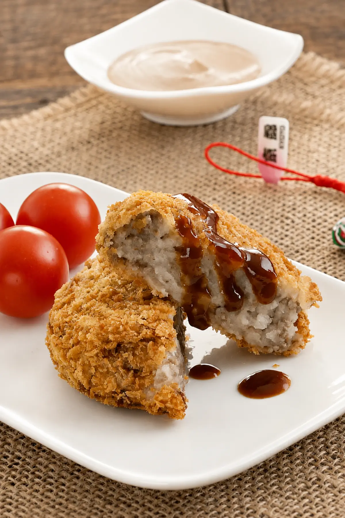 Beef korokke cut open and drizzled with tonkatsu sauce, served with tomatoes.