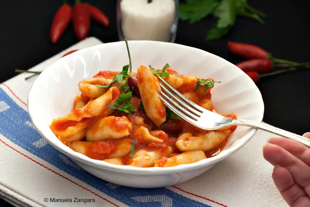 Close-up of cicatelli pasta with tomato sauce on a fork.