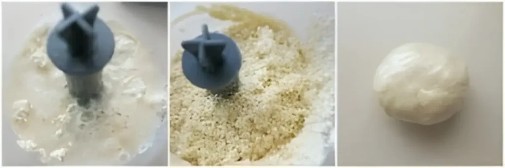 Durum wheat dough pulsed in a food processor before kneading.