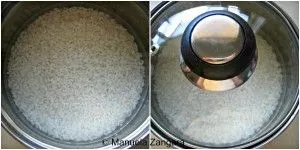 Cooking sushi rice in a pot and letting it rest with the lid on to absorb steam.