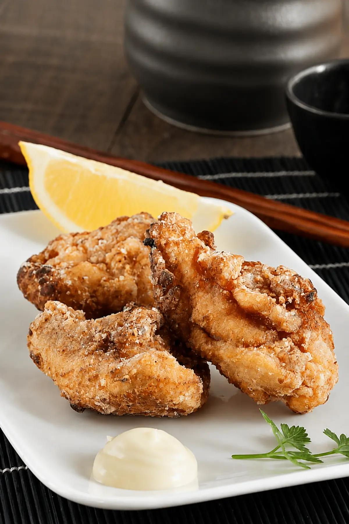Japanese karaage served with a lemon wedge and mayonnaise.