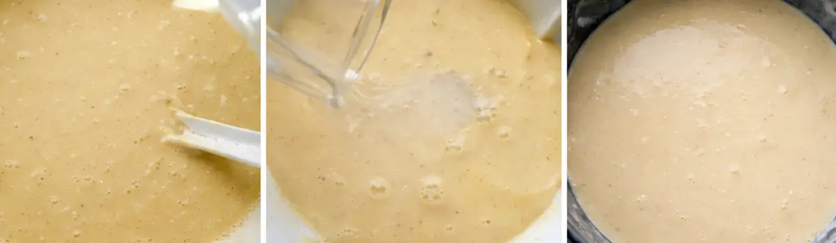 Cake batter being stirred in a bowl.