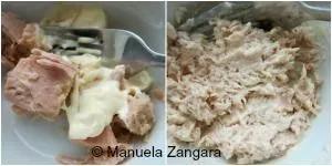 Mixing canned tuna with Japanese mayonnaise to make onigiri filling.