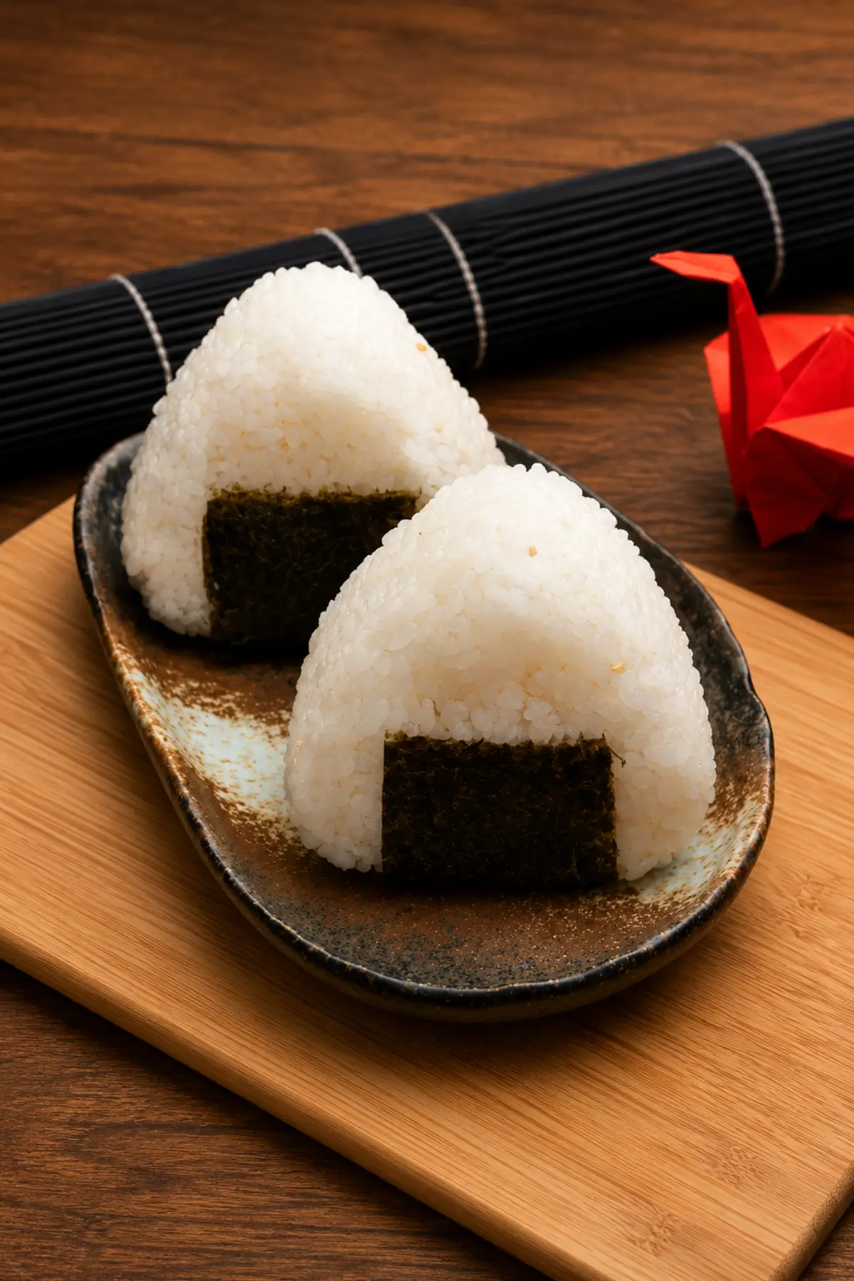 Two nori-wrapped onigiri arranged on a ceramic plate over a bamboo board.