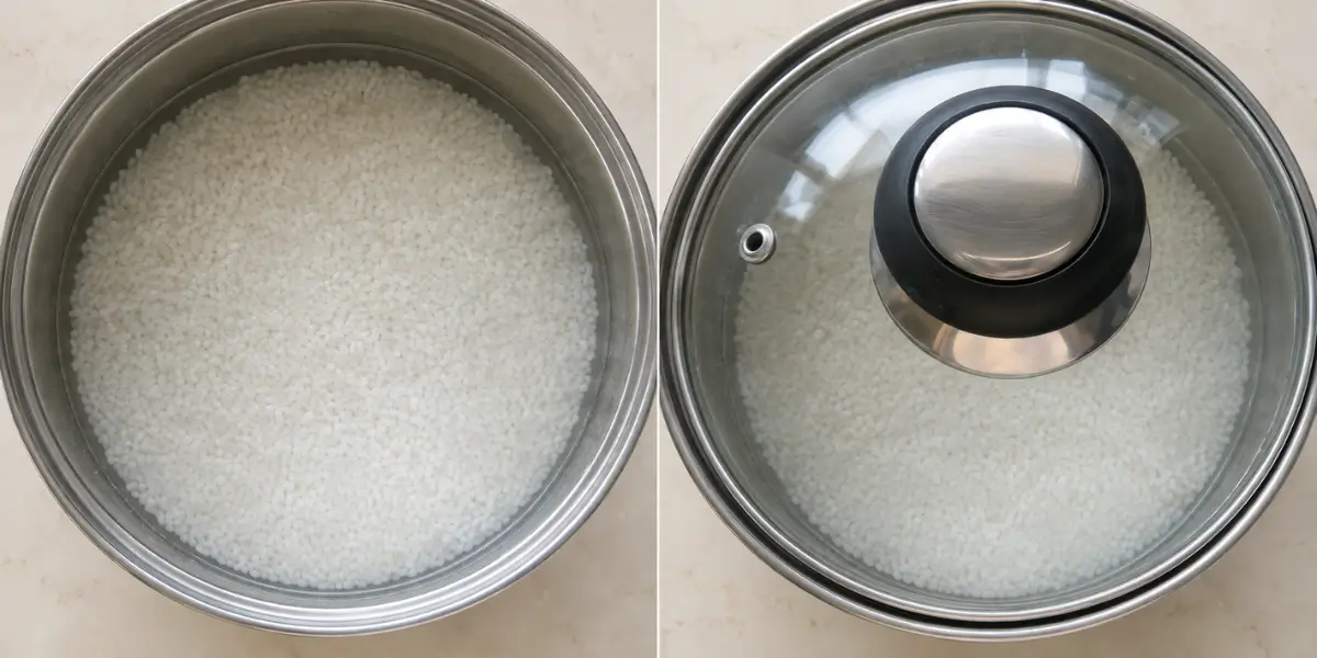 Sushi rice shown uncovered and covered with a glass lid during cooking.
