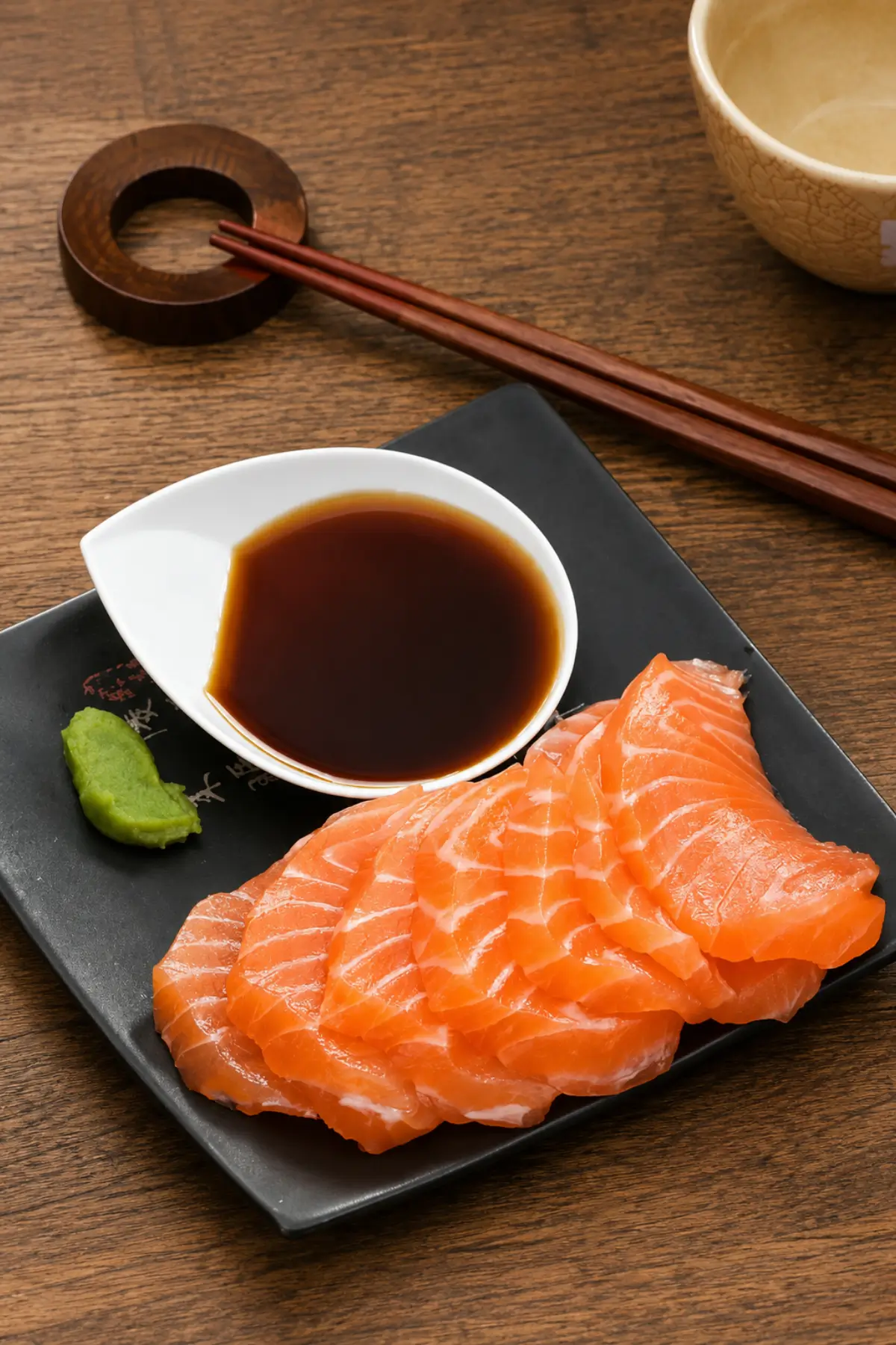 Slices of salmon sashimi served with soy sauce and wasabi.