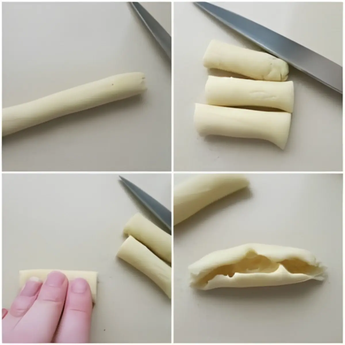 Hands shaping cicatelli pasta from rolled dough pieces.