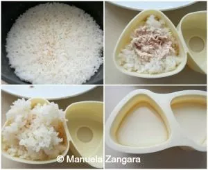 Assembling Tuna Mayo Onigiri using a mould and layering rice with tuna filling inside.