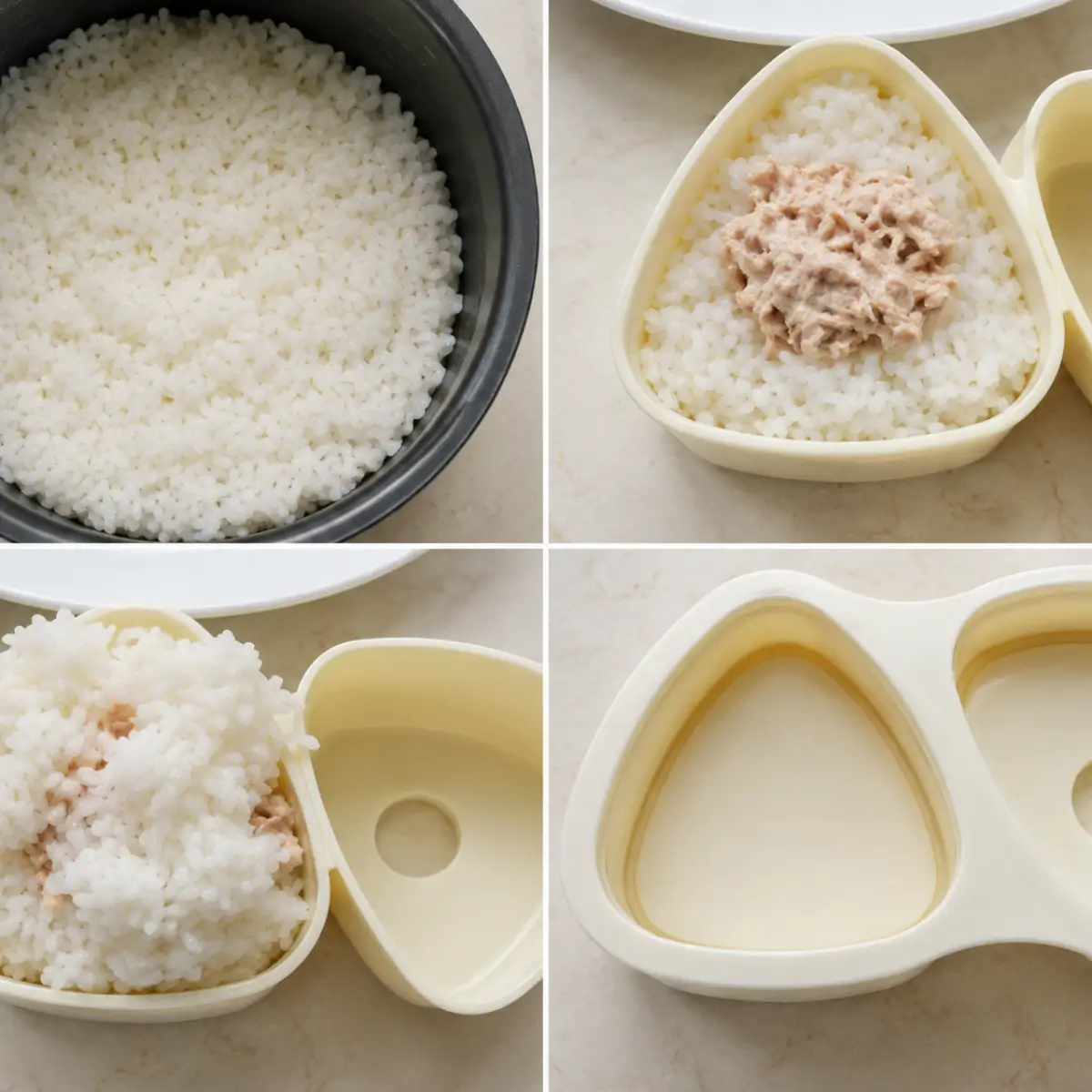 Cooked sushi rice, tuna mayo filling and an onigiri mould used to fill and shape the rice.