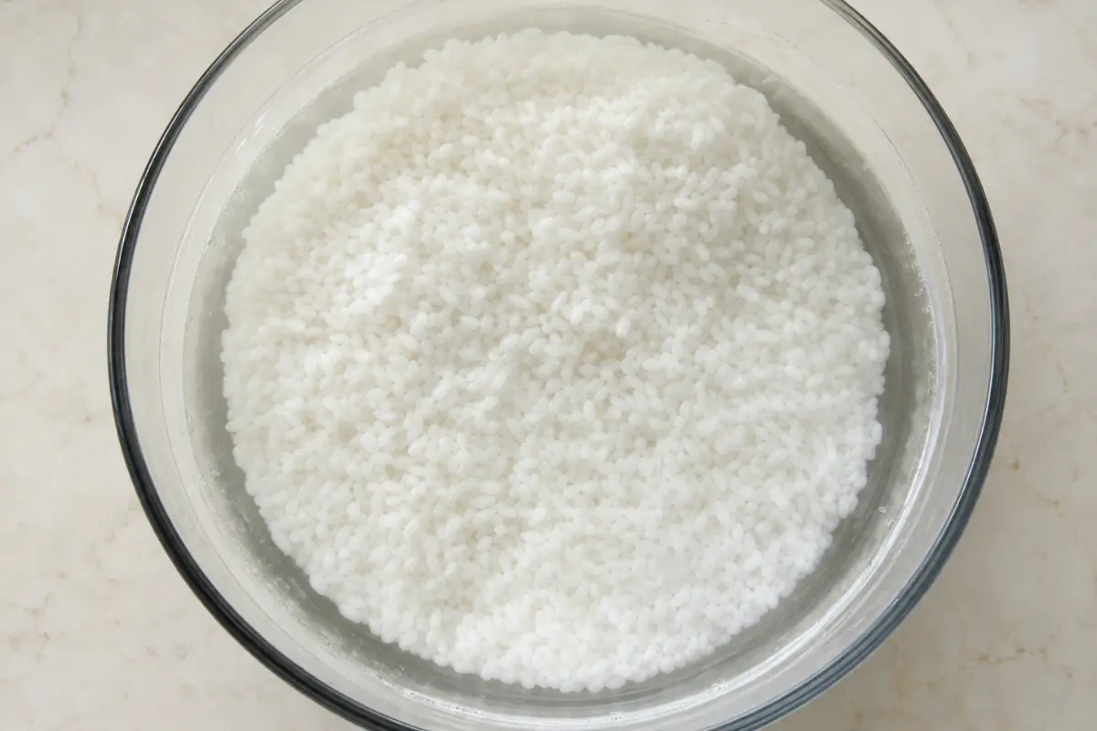 Short-grain sushi rice soaking in water in a clear glass bowl.