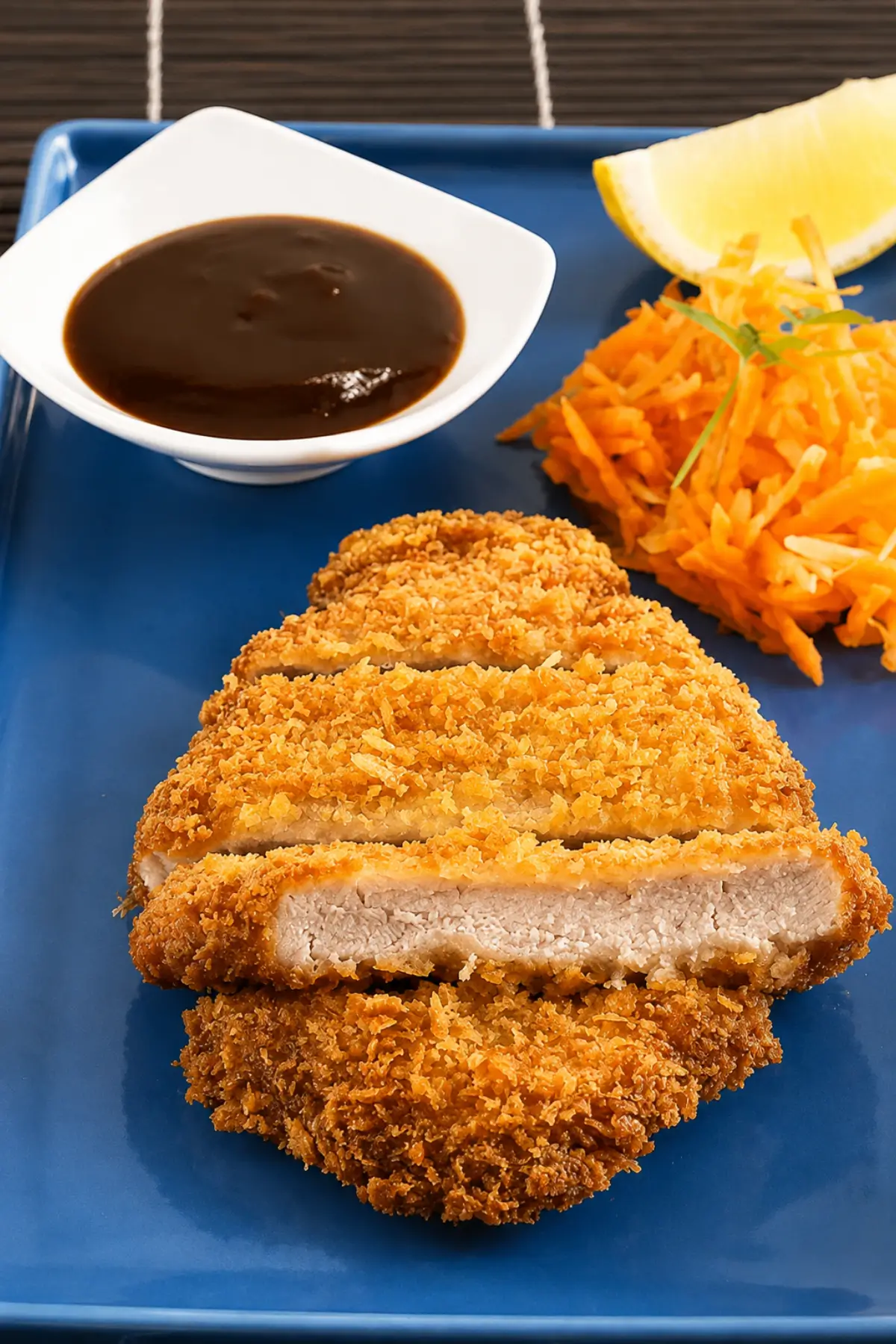 Sliced tonkatsu served with shredded cabbage, lemon and tonkatsu sauce.