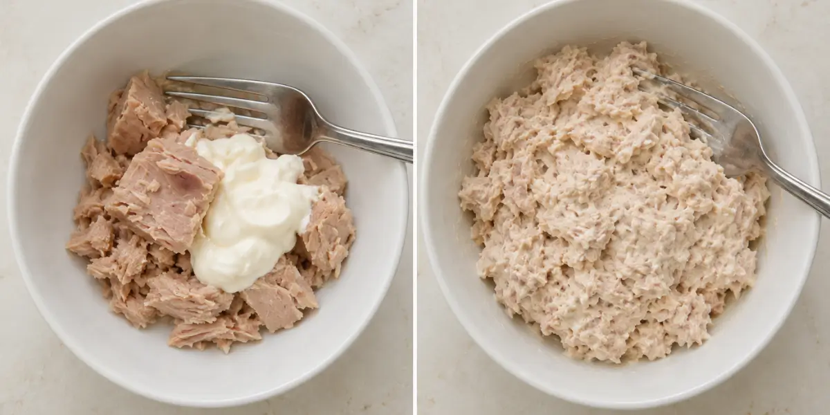 Tuna with Japanese mayonnaise shown before and after mixing.