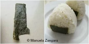 Wrapping triangular onigiri with a strip of nori.