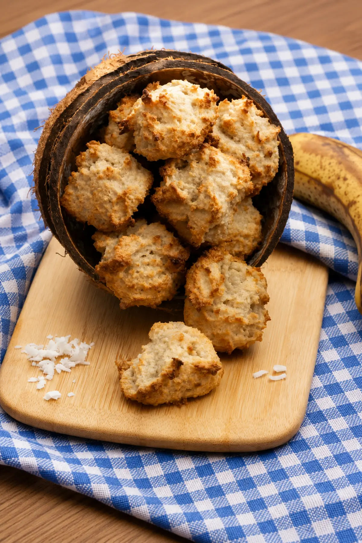 Freshly baked coconut and banana cookies arranged on a wooden board with shredded coconut scattered nearby.