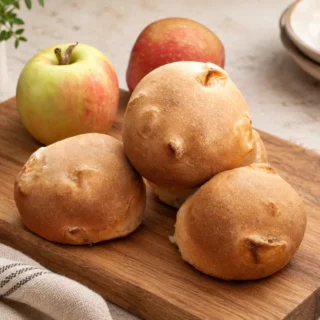 Golden baked rolls arranged on a wooden board with fresh apples.