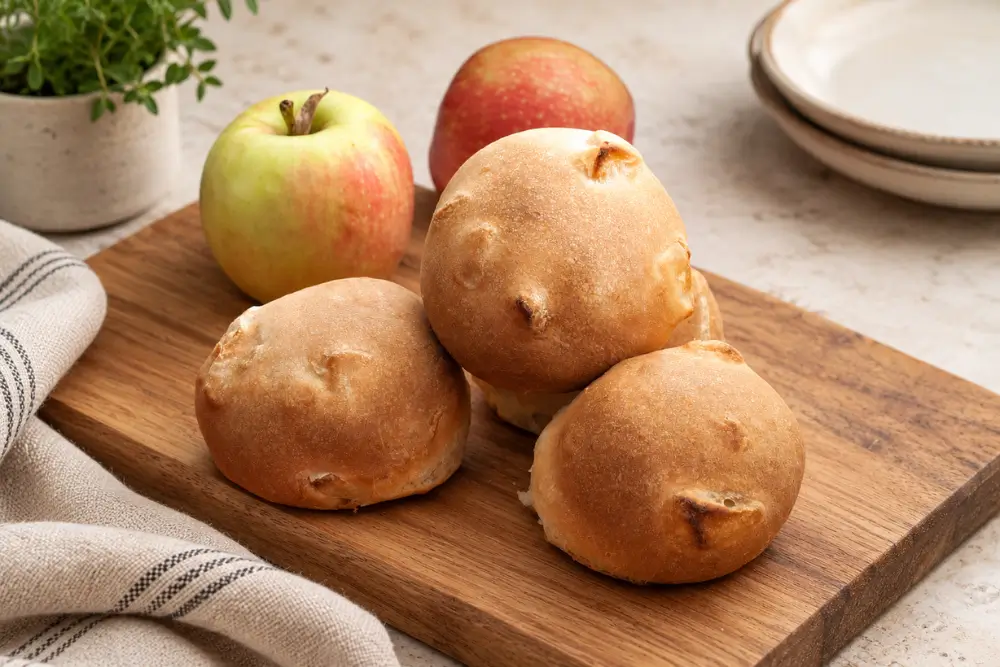 Golden baked rolls arranged on a wooden board with fresh apples.