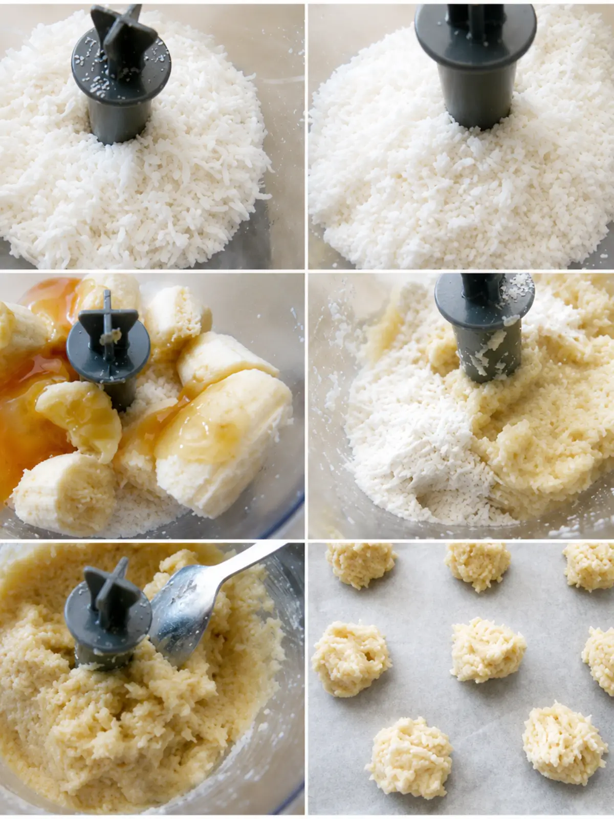 Shredded coconut, banana, honey, and flour blended into a cookie mixture and shaped for baking.
