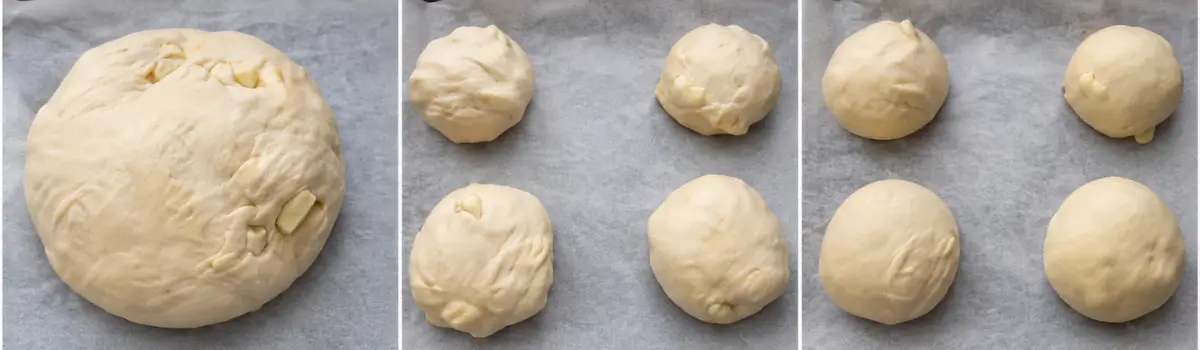 Savoury Apple Rolls dough divided and shaped into four rolls.