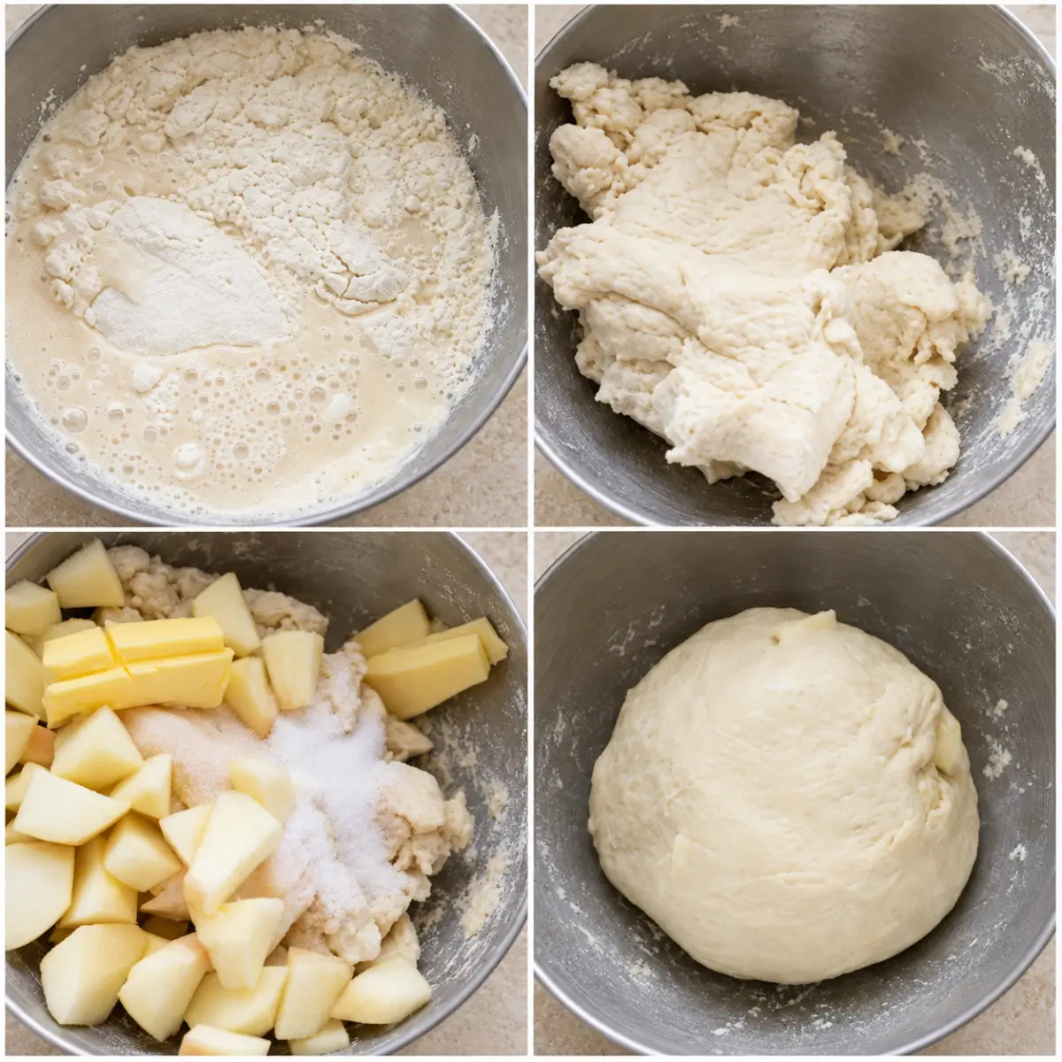 Dough mixed with cubed apple, softened butter and salt before kneading.