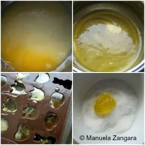 Orange and lemon jelly candy mixture being cooked, poured into moulds, and coated in sugar.