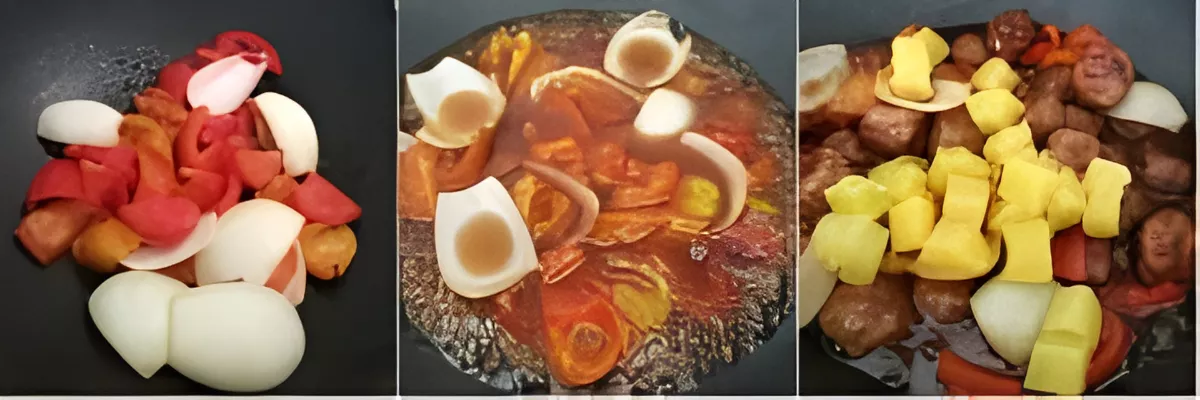 A wok with sautéed onions, bell peppers, and the start of the sweet and sour sauce.