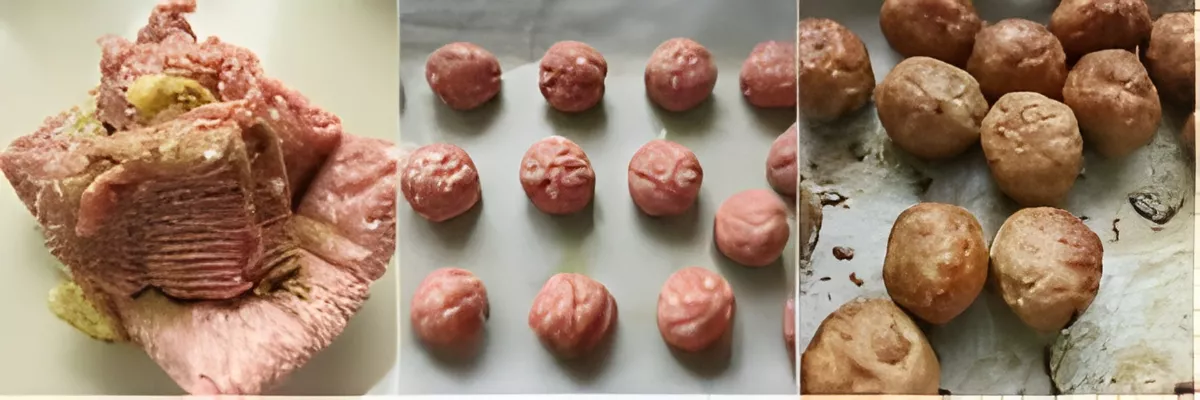 Ground meat mixture being shaped into meatballs, followed by raw and cooked meatballs on parchment paper ready for frying.