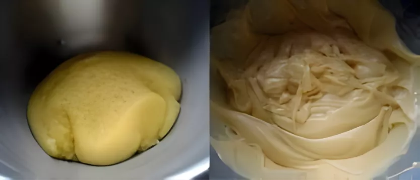 Choux pastry dough being mixed in a bowl until smooth and ready for piping.