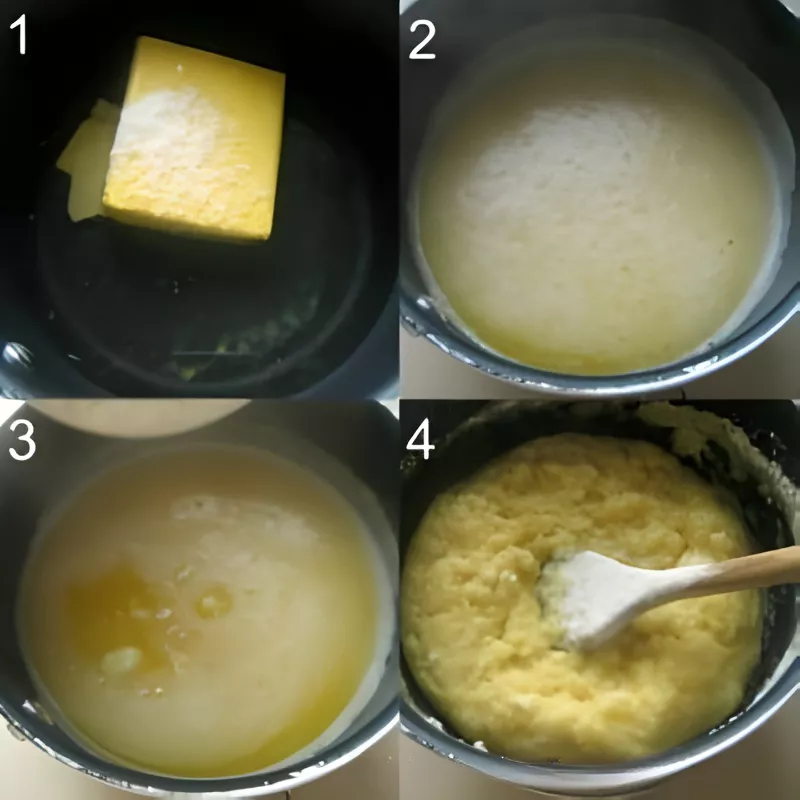 Butter, water, and flour cooking in a saucepan for choux pastry dough.