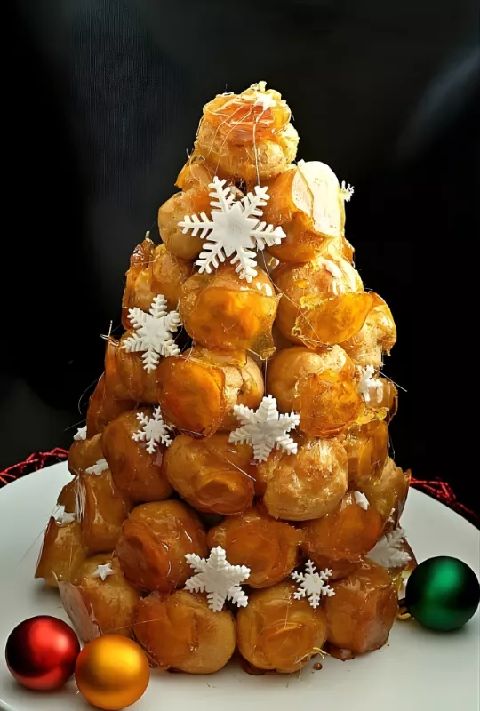 Classic French Croquembouche decorated with caramel and white snowflakes.