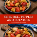 Bowl of fried bell peppers, potatoes, and onions served warm on a wooden board.