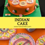 "Full view of the Indian Cake covered in orange fondant, topped with a fondant elephant holding the Indian flag and colourful mehndi rounds.