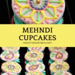 Tray of chocolate cupcakes decorated with colourful fondant patterns and buttercream swirls.