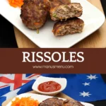 Juicy beef rissoles on a white plate with grated carrot and tomato sauce, served on a wooden board.