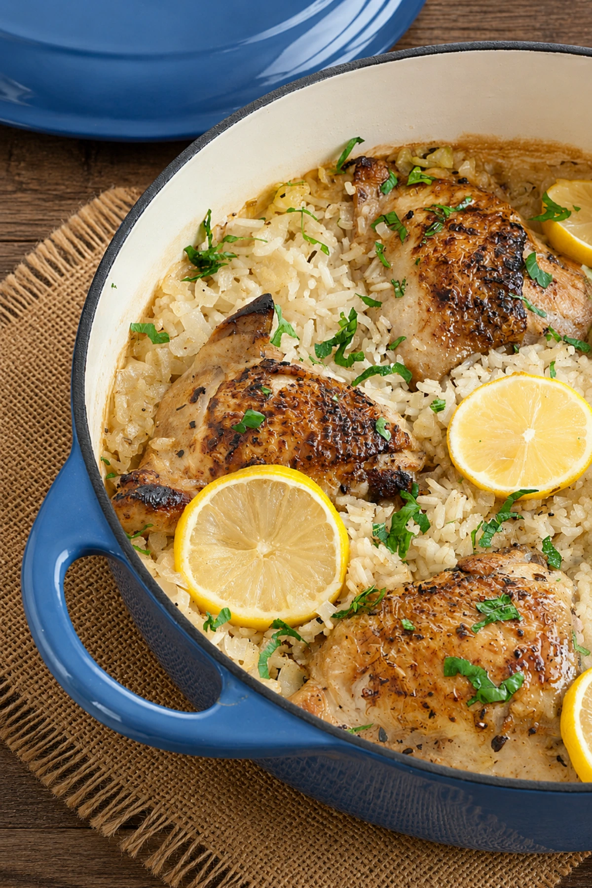 Oven-baked chicken thighs served over rice with lemon slices and chopped parsley.