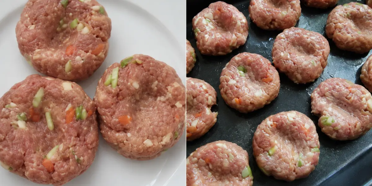 Cooked beef patties with one cut open to show the vegetable filling.
