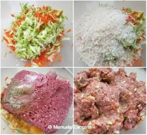 Grated zucchini, carrot, breadcrumbs, and beef mince mixed in a bowl for rissoles.