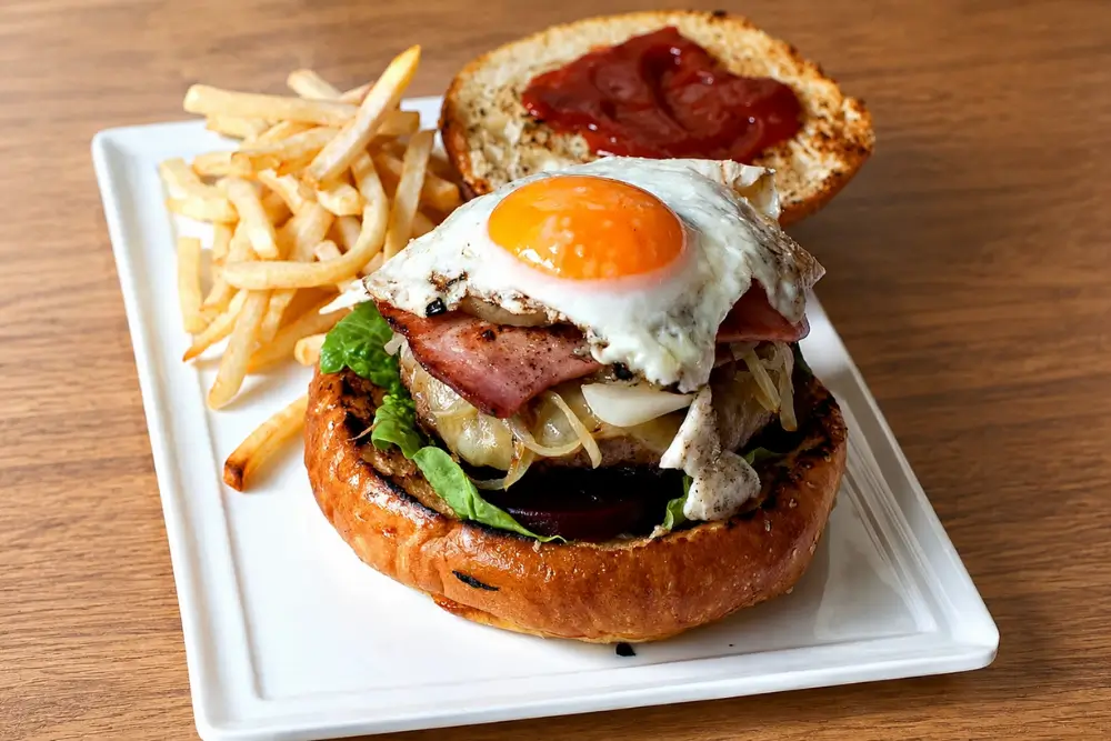 Beef burger topped with bacon, fried egg and onions, served with fries.