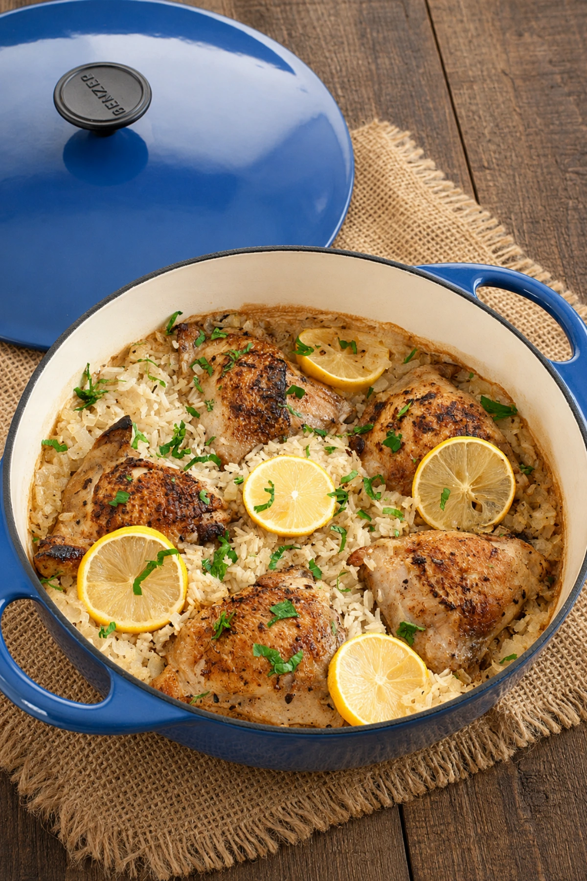 Golden chicken thighs over fluffy rice with lemon slices and parsley.