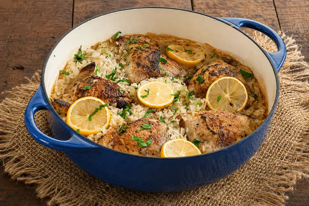 Blue Dutch oven filled with chicken thighs, rice, lemon slices, and parsley.