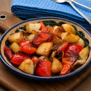 Bowl of fried bell peppers, potatoes, and onions served warm on a wooden board.