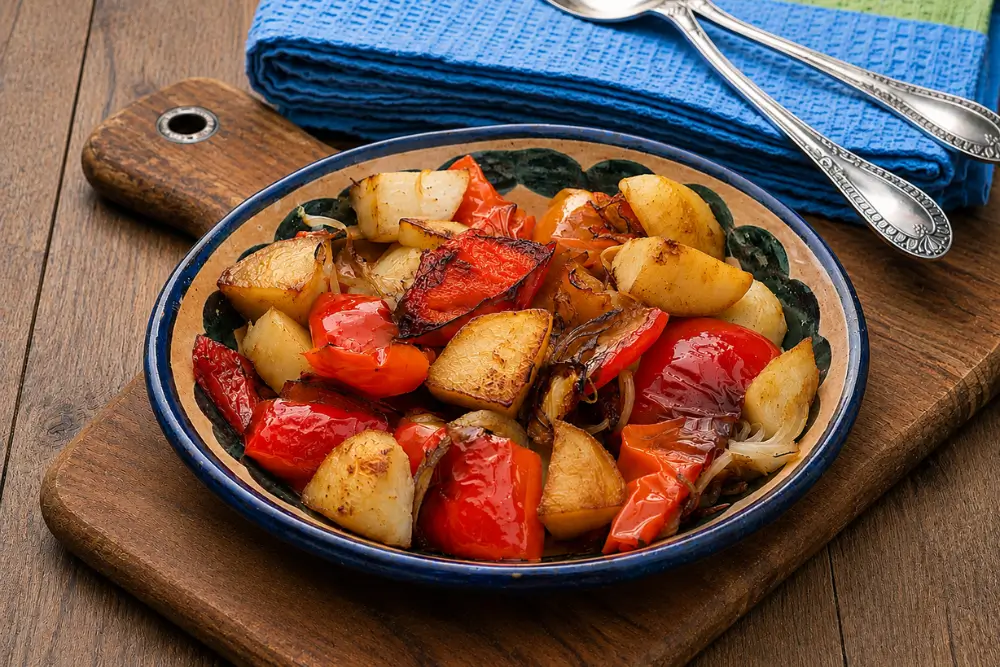 Bowl of fried bell peppers, potatoes, and onions served warm on a wooden board.