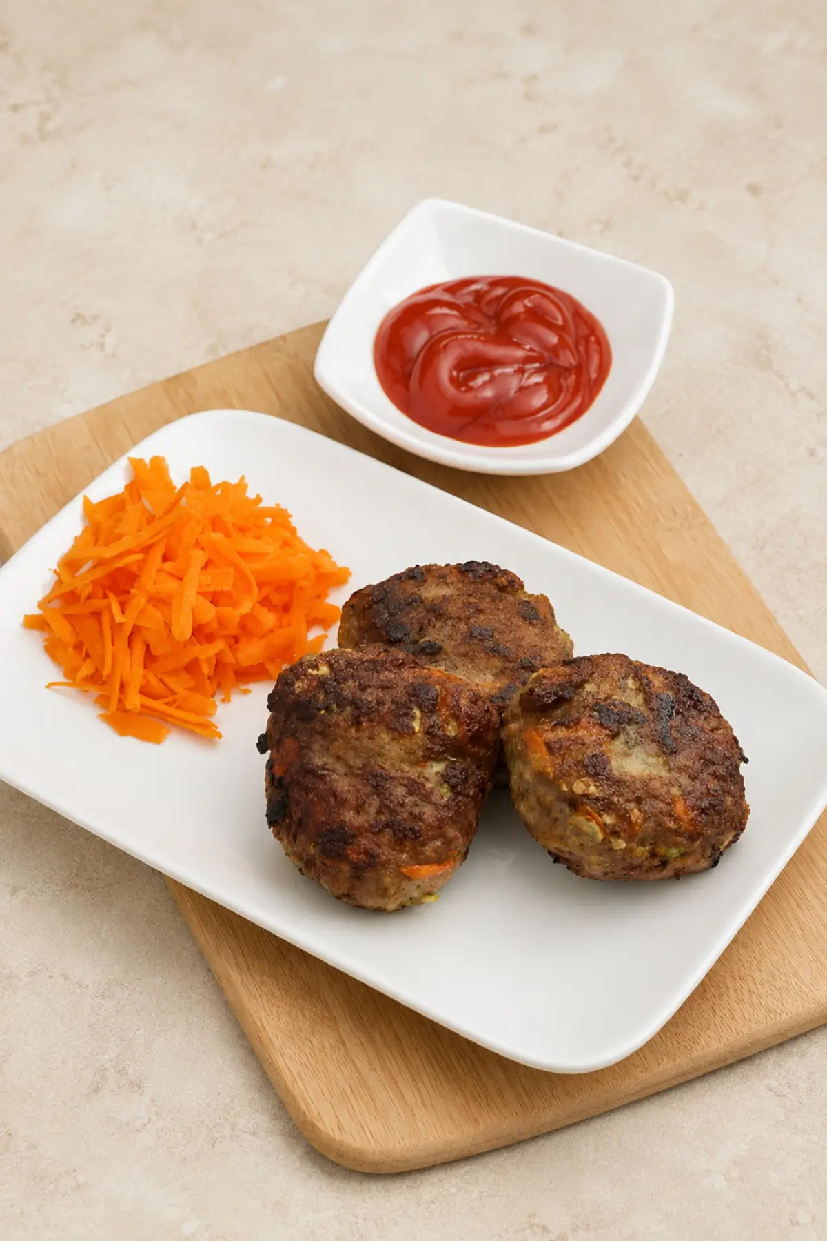 Golden-brown beef and vegetable patties served with tomato ketchup and grated carrot.