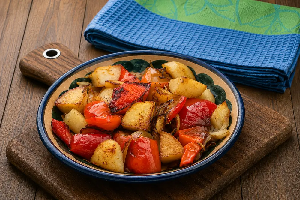 Rustic Italian potatoes and peppers with caramelised onions served warm.