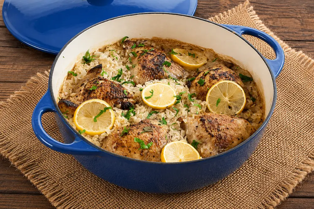 Lemon Chicken and Rice topped with lemon slices and chopped parsley in a blue Dutch oven.