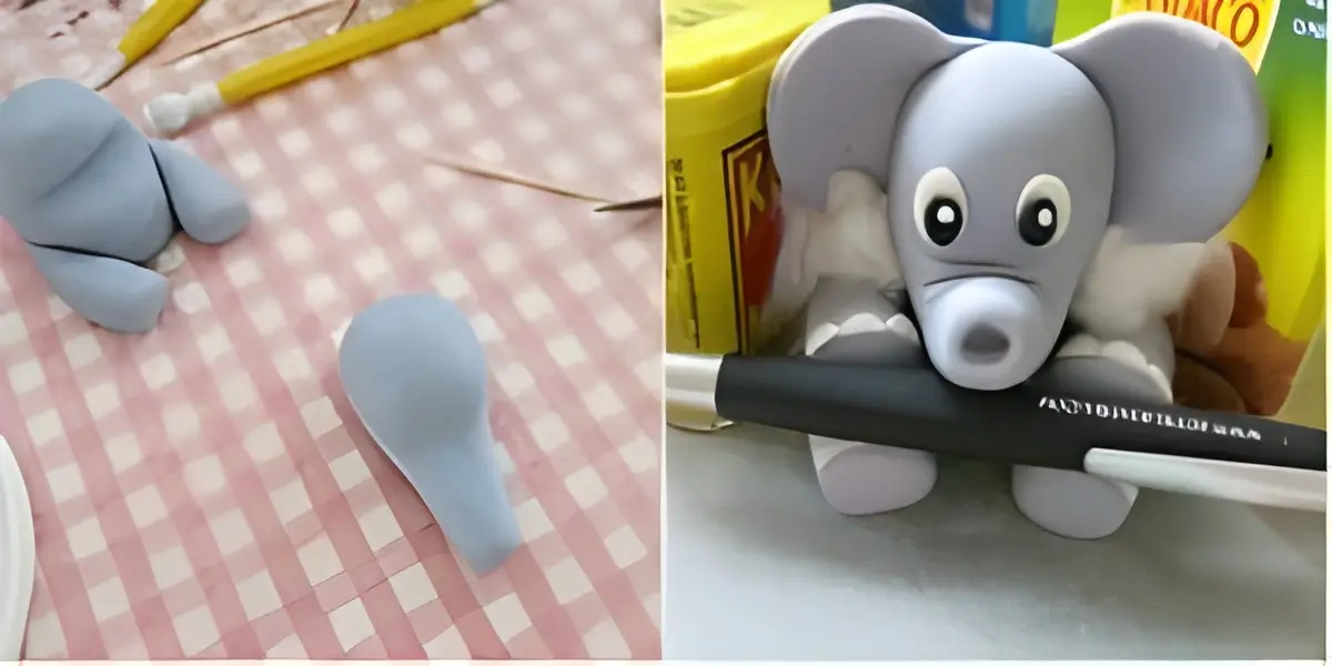 Step-by-step process showing how to shape a fondant elephant figure.