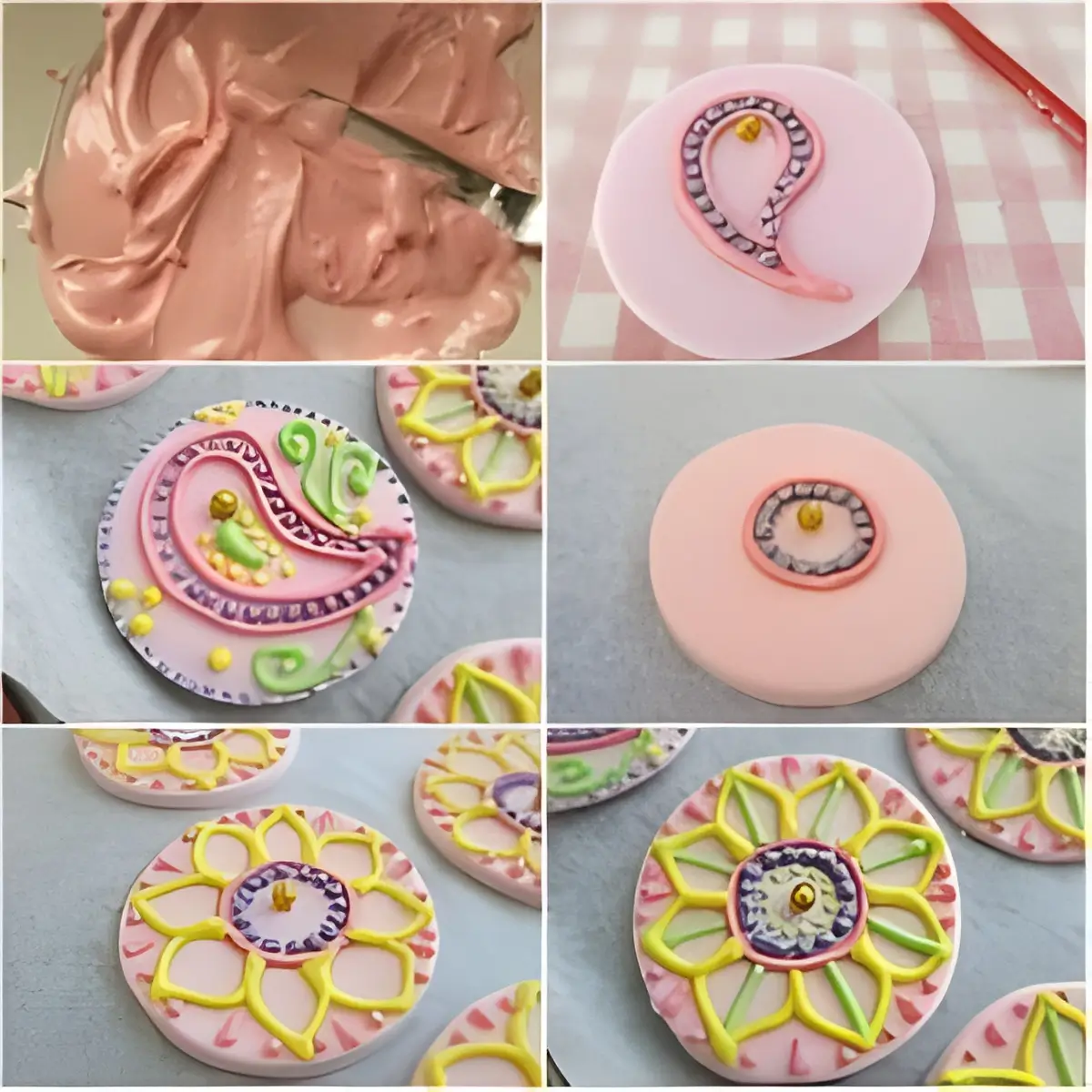 Collage showing the process of making fondant mehndi decorations.