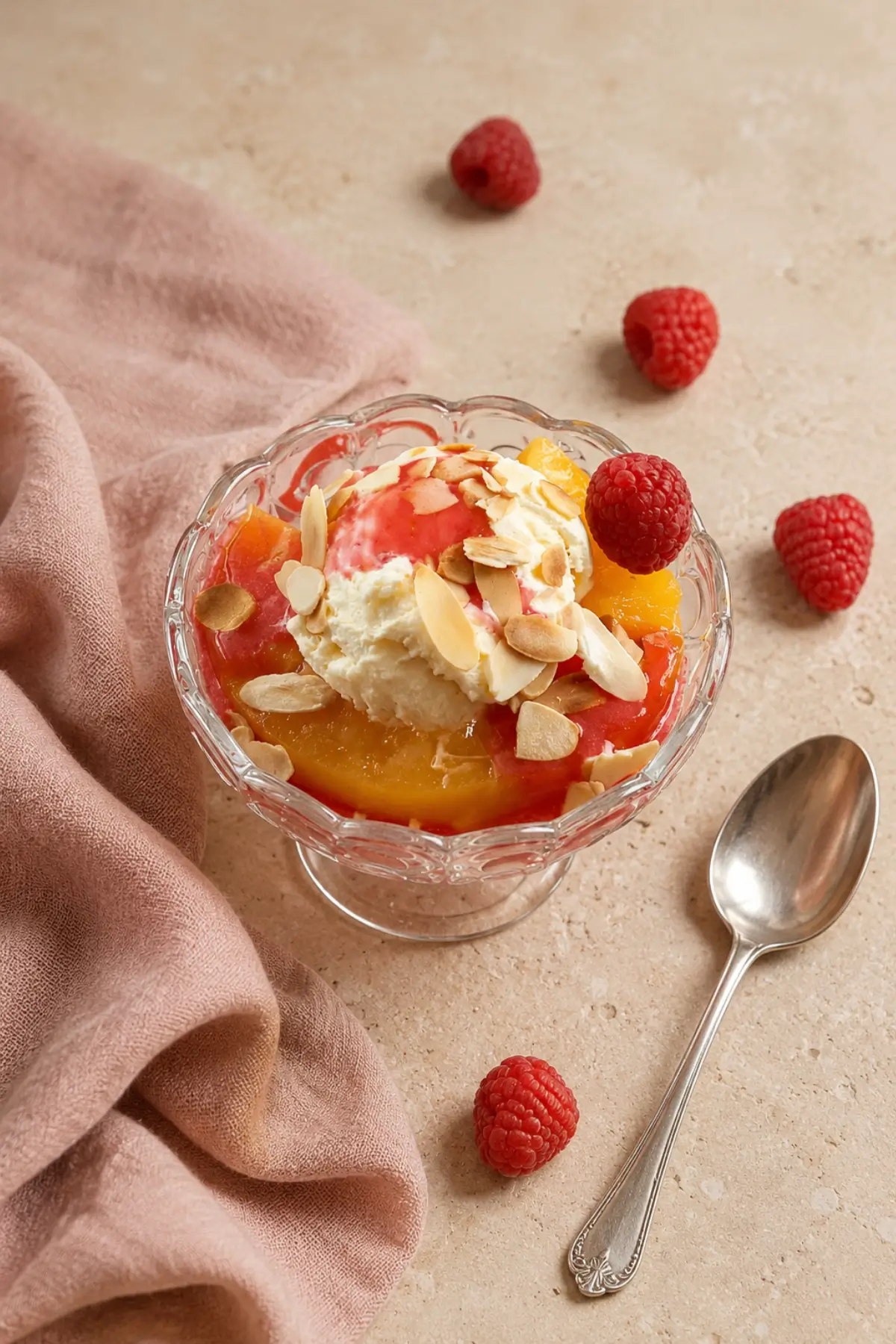 Peach Melba with peaches, raspberry sauce, cream, toasted almonds and fresh raspberries.