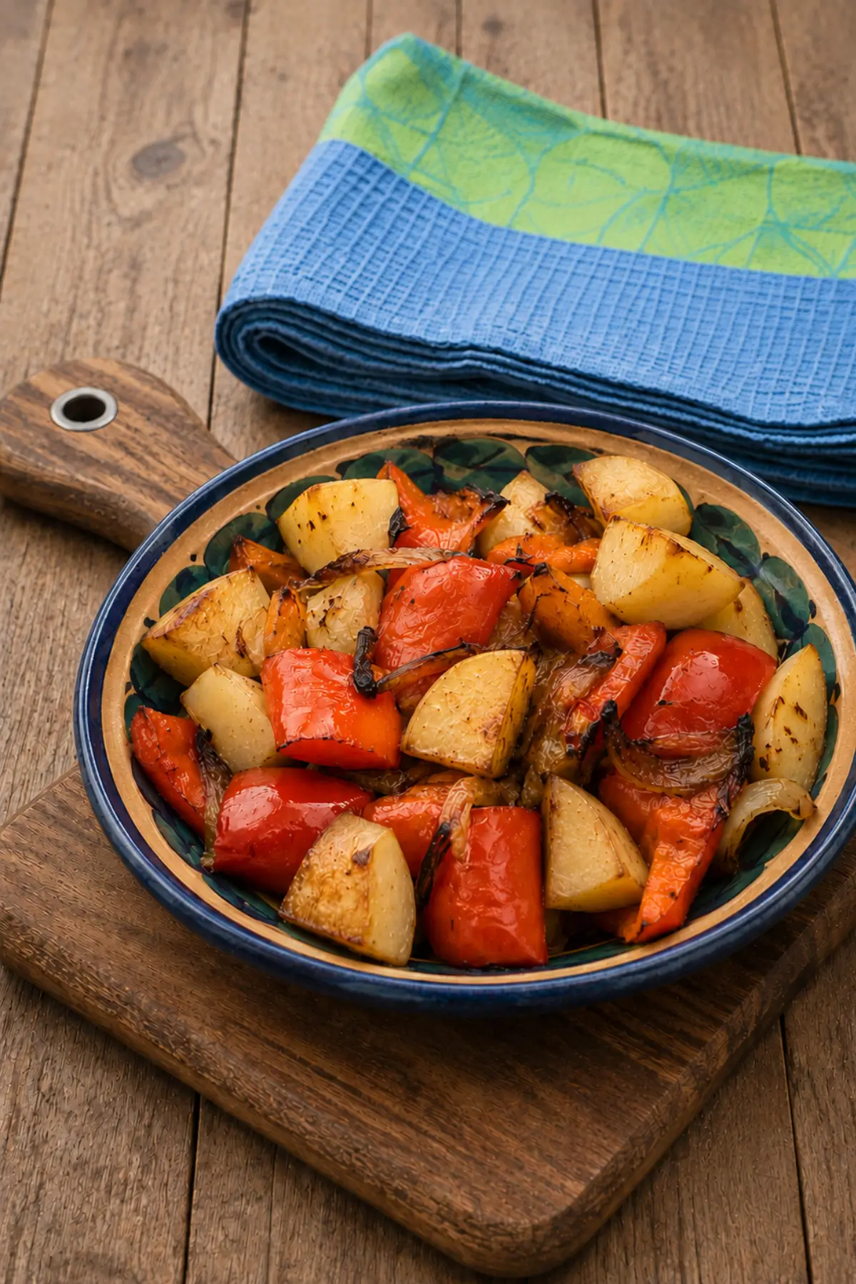 Golden potatoes with softened red peppers and onions in a rustic serving bowl.