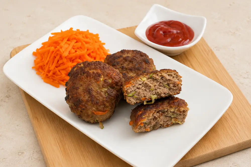 Beef and vegetable rissoles with one cut open, served with grated carrot and tomato ketchup.
