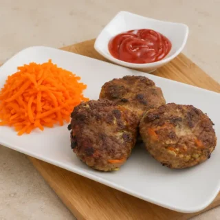 Rissoles served with grated carrot and tomato ketchup.